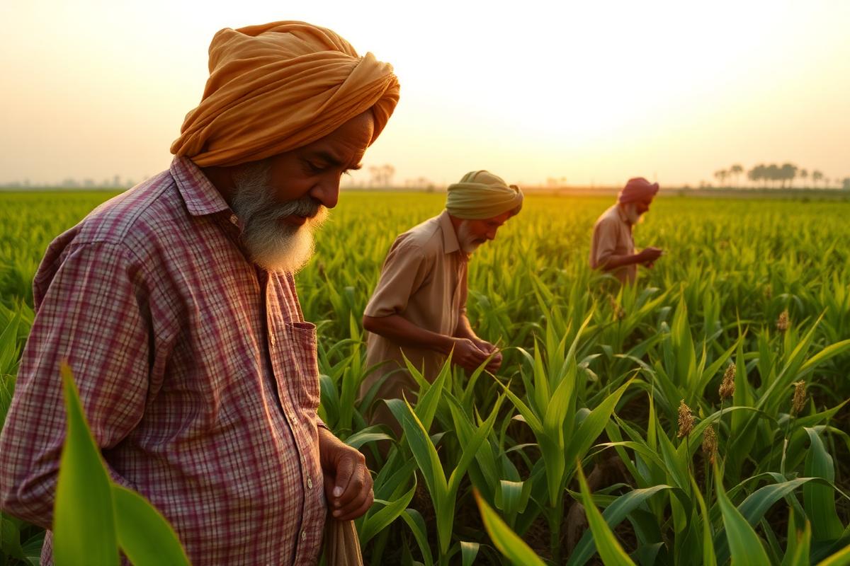 Farmers inspecting a green sorghum field at sunrise