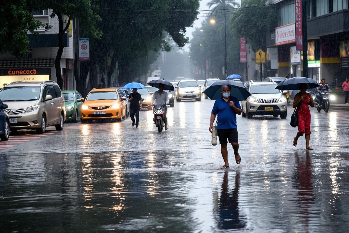 People crossing a flooded city street during heavy monsoon rain